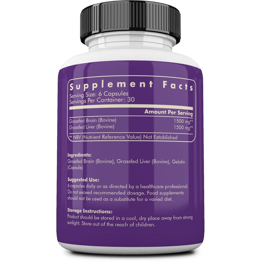 Ancestral Supplements Grass Fed Beef Brain Supplement with Beef Liver, Whole Food Brain Support Promotes Brain, Mood, and Memory Health, Brain and Liver Health Formula Capsules, Non-Gmo, 180 Capsules