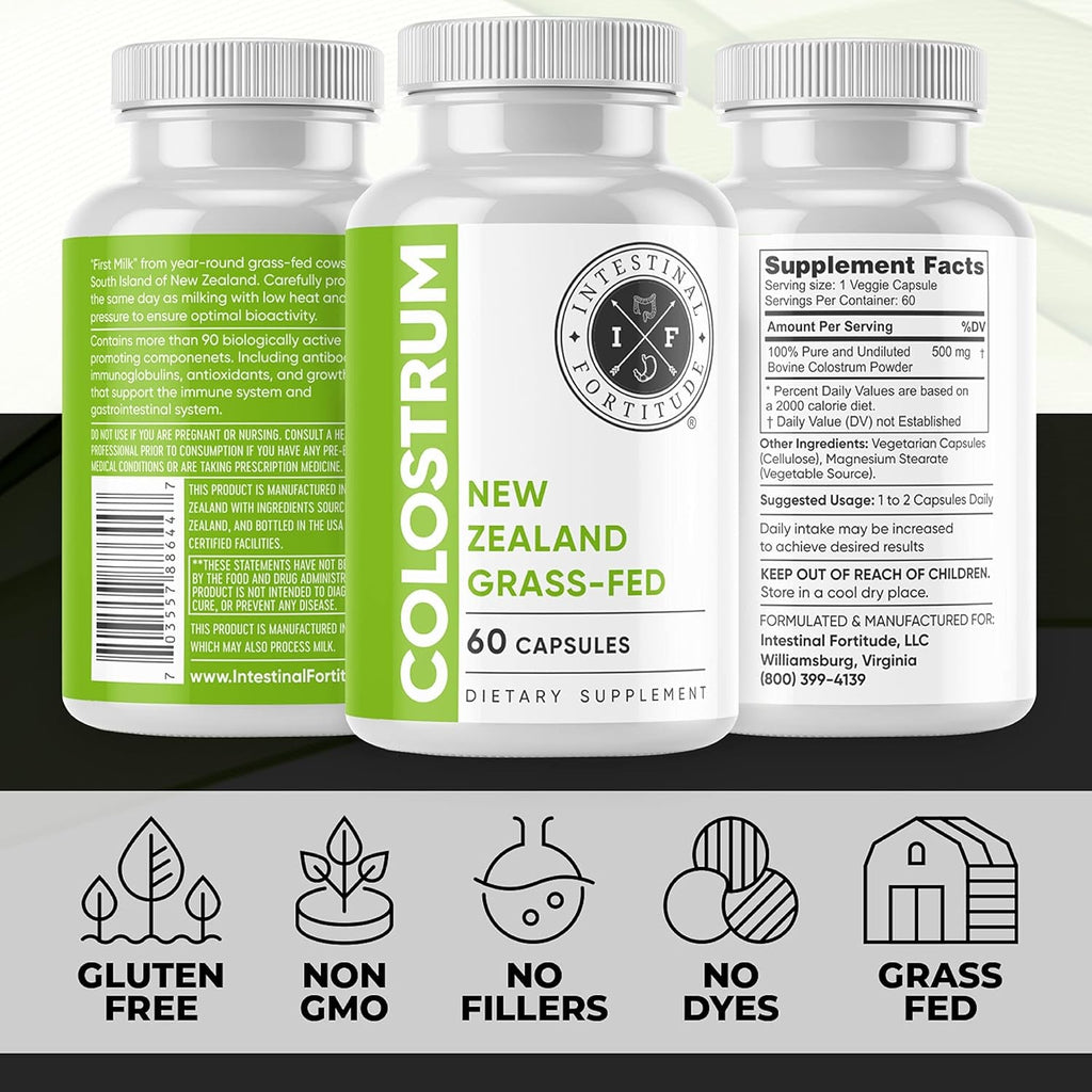 Intestinal Fortitude 100% Grass Fed New Zealand Cows Colostrum Capsules, Grassfed, Hormone Free, GMO Free, Optimal Gut Health and Immune System Support, Leaky Gut, IBD, 500 Mg Capsules, 60 CT