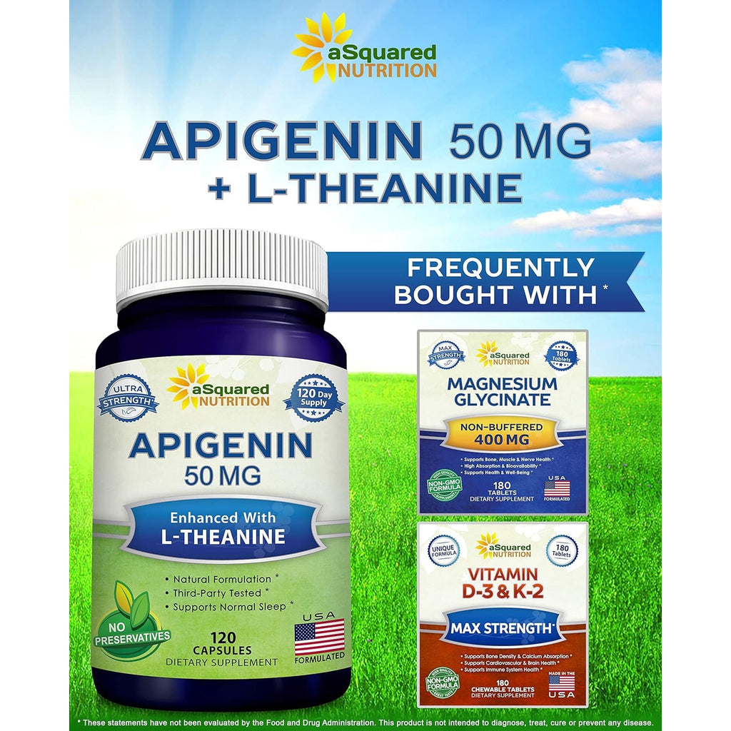 Asquared Nutrition Apigenin 50Mg & L-Theanine 200Mg - 120 Capsules - Apigenin Supplement Pills for Sleep and Relaxation - Natural Bioflavonoid Extract Found in Chamomile Tea