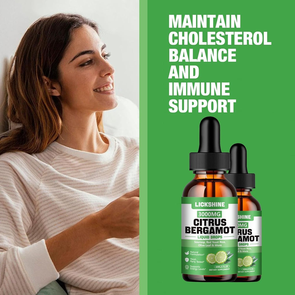 Lickshine 2 Pack 3000Mg Citrus Bergamot Liquid Drops - High Absorption - Cholesterol Lowering Supplement for Immune Support Anti-Aging, Hight Cholesterol - Soursop Bitters Liquid, 4 Fl Oz