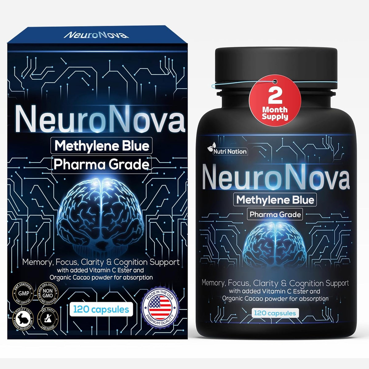 Methylene Blue Pharmaceutical Grade Capsules, 120 Count, 2 Month Supply for Focus & Cognitive Support for Adults - Third Party Tested and Made in USA