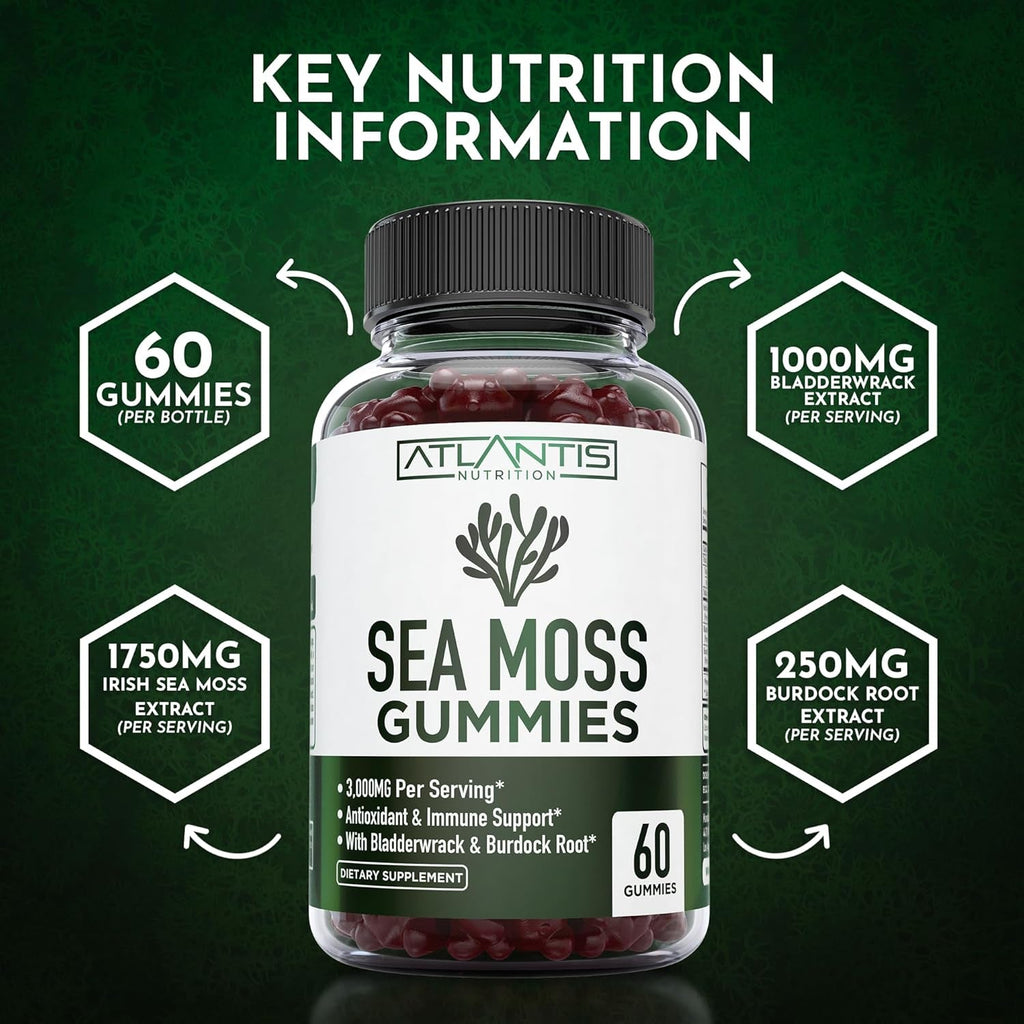 Irish Sea Moss Gummies - 3000MG - Formulated W/ Irish Sea Moss, Bladderwrack & Burdock Root, Contain Essential Vitamin & Mineral - Antioxidant-Rich Superfood Supplement, 60 Sea Moss Gummies for Adults
