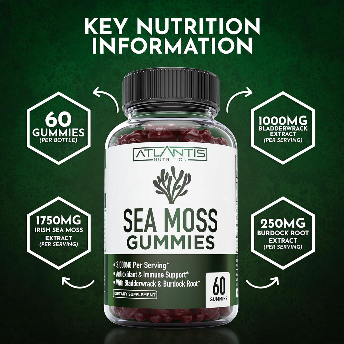 Irish Sea Moss Gummies - 3000MG - Formulated W/ Irish Sea Moss, Bladderwrack & Burdock Root, Contain Essential Vitamin & Mineral - Antioxidant-Rich Superfood Supplement, 60 Sea Moss Gummies for Adults