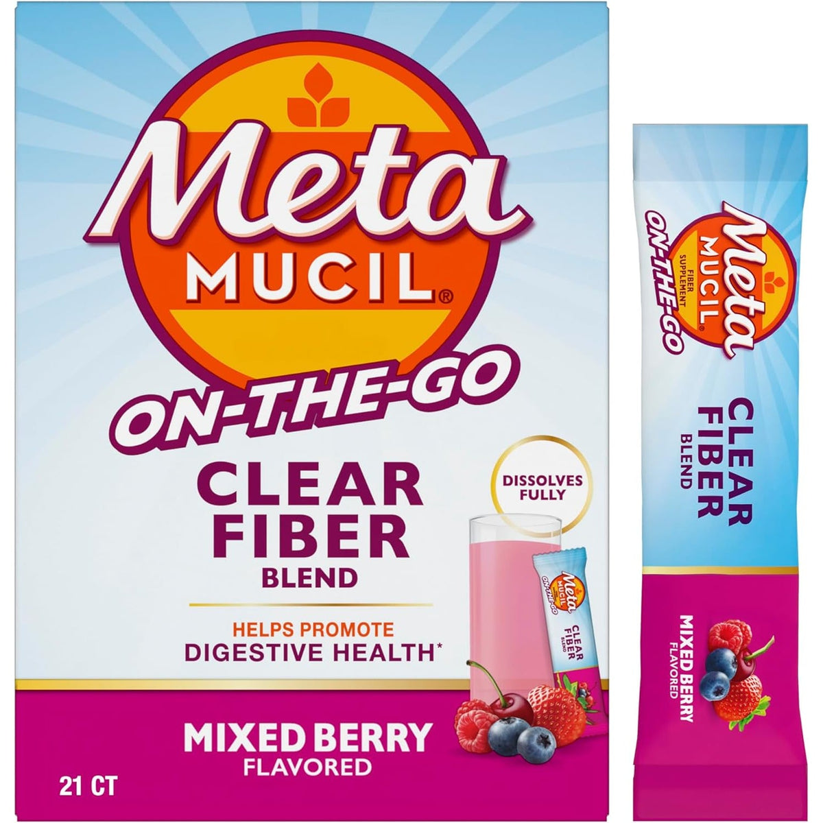 Metamucil Fiber Supplement, Clear Mixing Fiber Powder Stick Packs, Mixed Berry Flavor, on the Go, Plant Based Prebiotic Fiber Supplement Blend for Daily Digestive Health, 21 Stick Packs