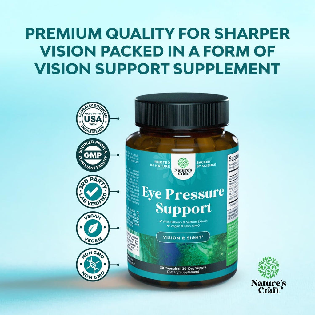Natures Craft Eye Pressure Support with Bilberry Extract - Vegan Eye Health Supplement for Adults for Ocular Pressure Relief with Saffron Ginkgo Niacin and More Vitamins Vision Support - 30 Count