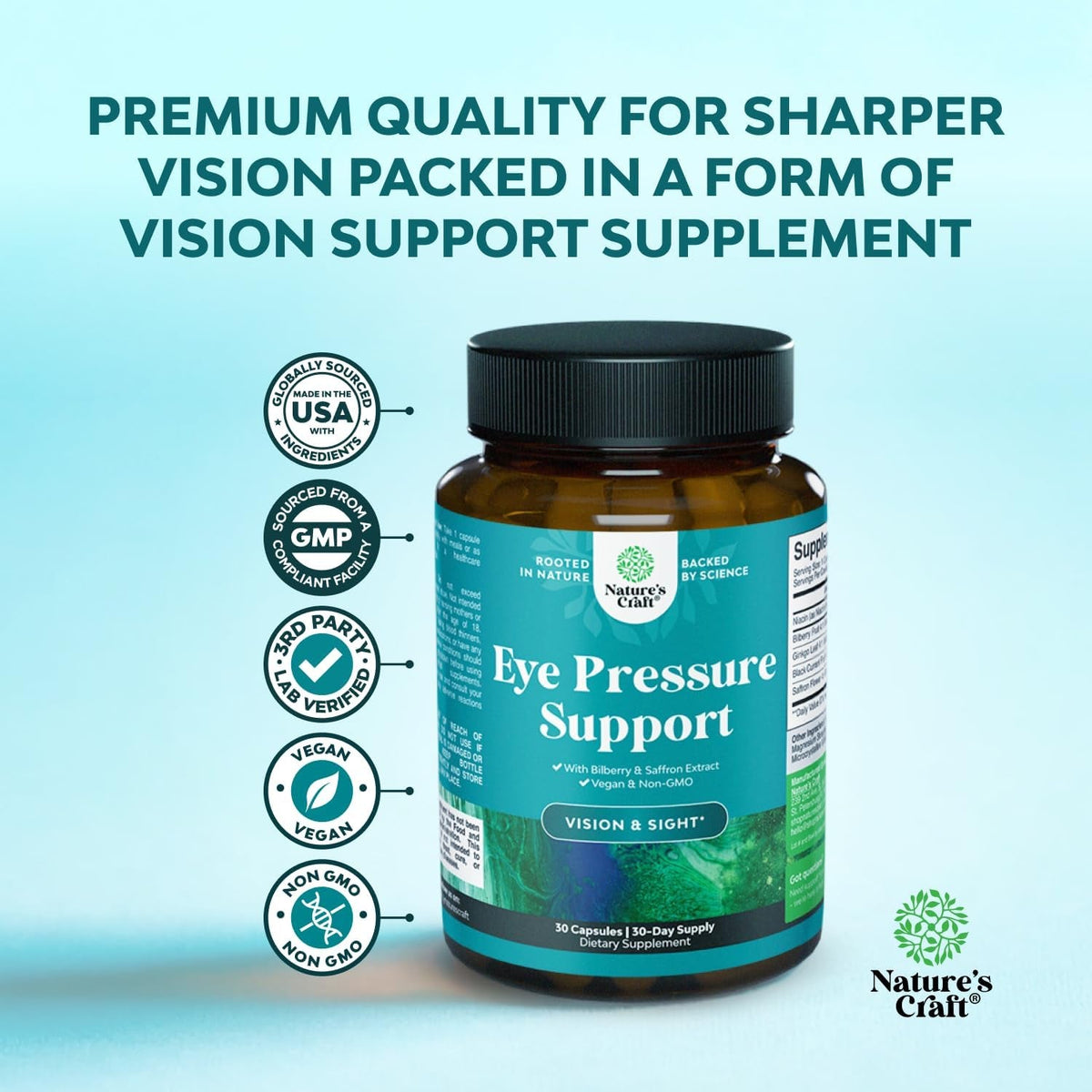 Natures Craft Eye Pressure Support with Bilberry Extract - Vegan Eye Health Supplement for Adults for Ocular Pressure Relief with Saffron Ginkgo Niacin and More Vitamins Vision Support - 30 Count