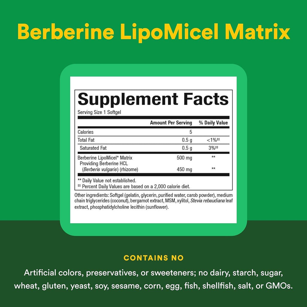 Natural Factors Berberine Lipomicel Matrix - Daily Supplement Supports Metabolic Health - Formula Supports General Health - Gluten-Free & Dairy-Free - 60 Liquid Softgels (60 Servings)