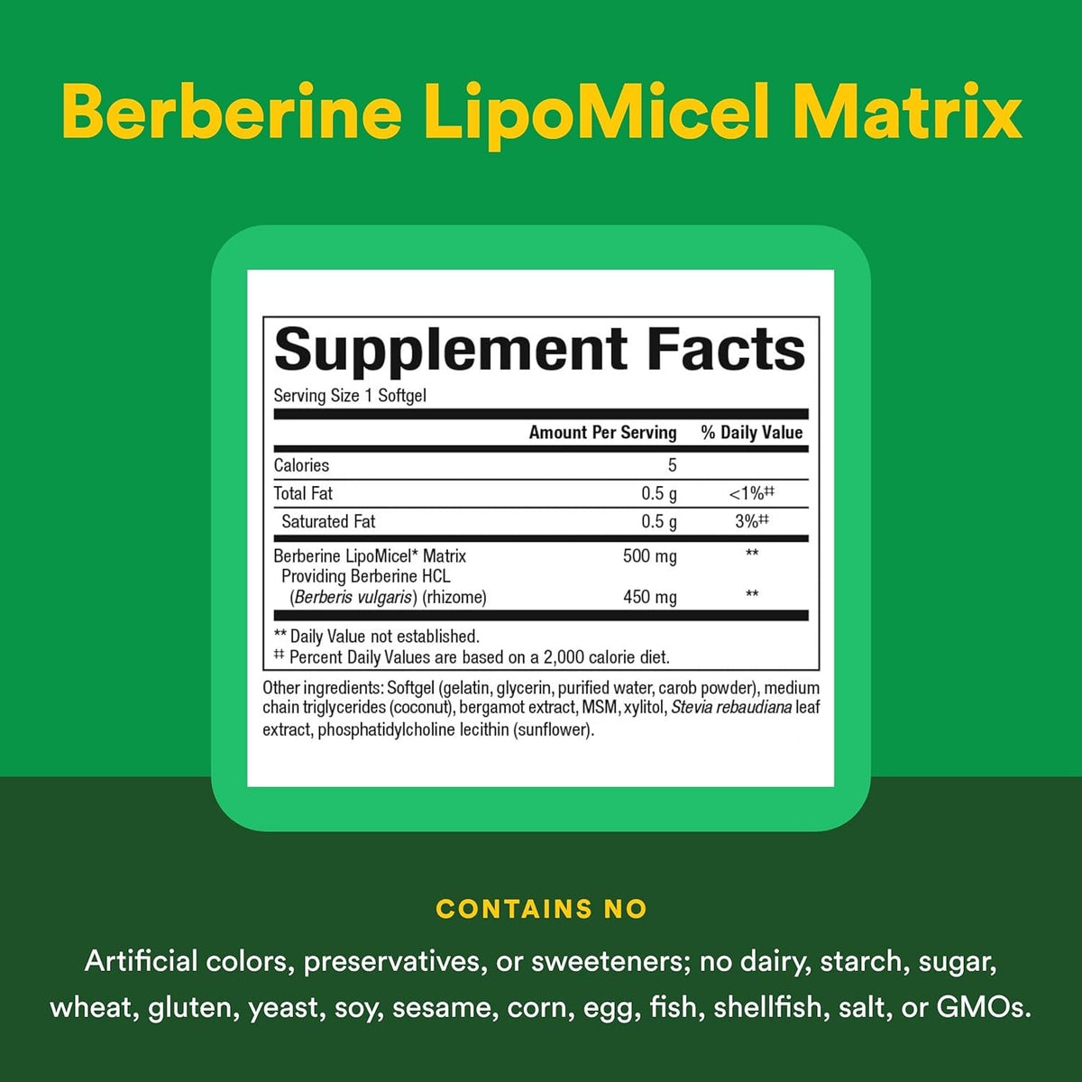 Natural Factors Berberine Lipomicel Matrix - Daily Supplement Supports Metabolic Health - Formula Supports General Health - Gluten-Free & Dairy-Free - 60 Liquid Softgels (60 Servings)