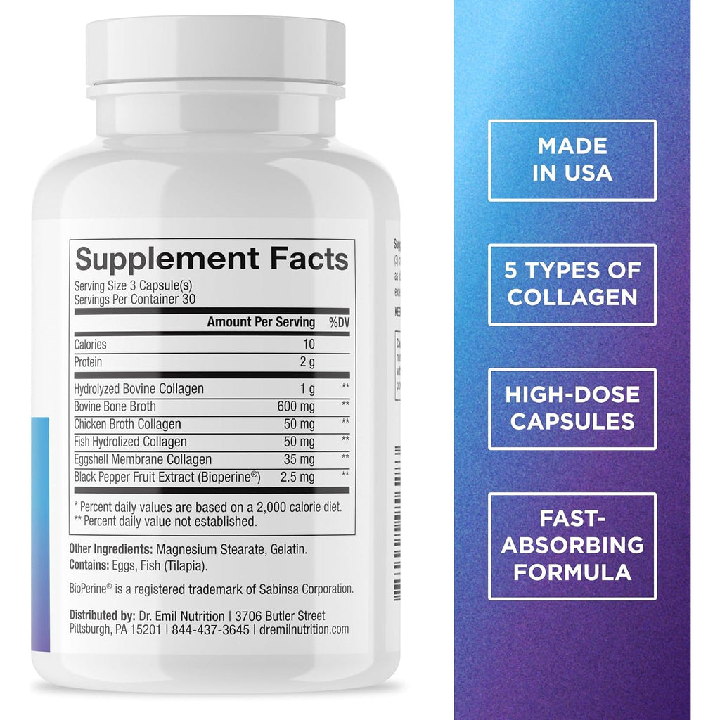 Dr. Emil Nutrition Multi Collagen - Hydrolyzed Collagen Supplement - Types I, II, III, V & X - Hair, Skin, Nails & Joint Support - Non-Gmo & Gluten-Free - 90 Capsules