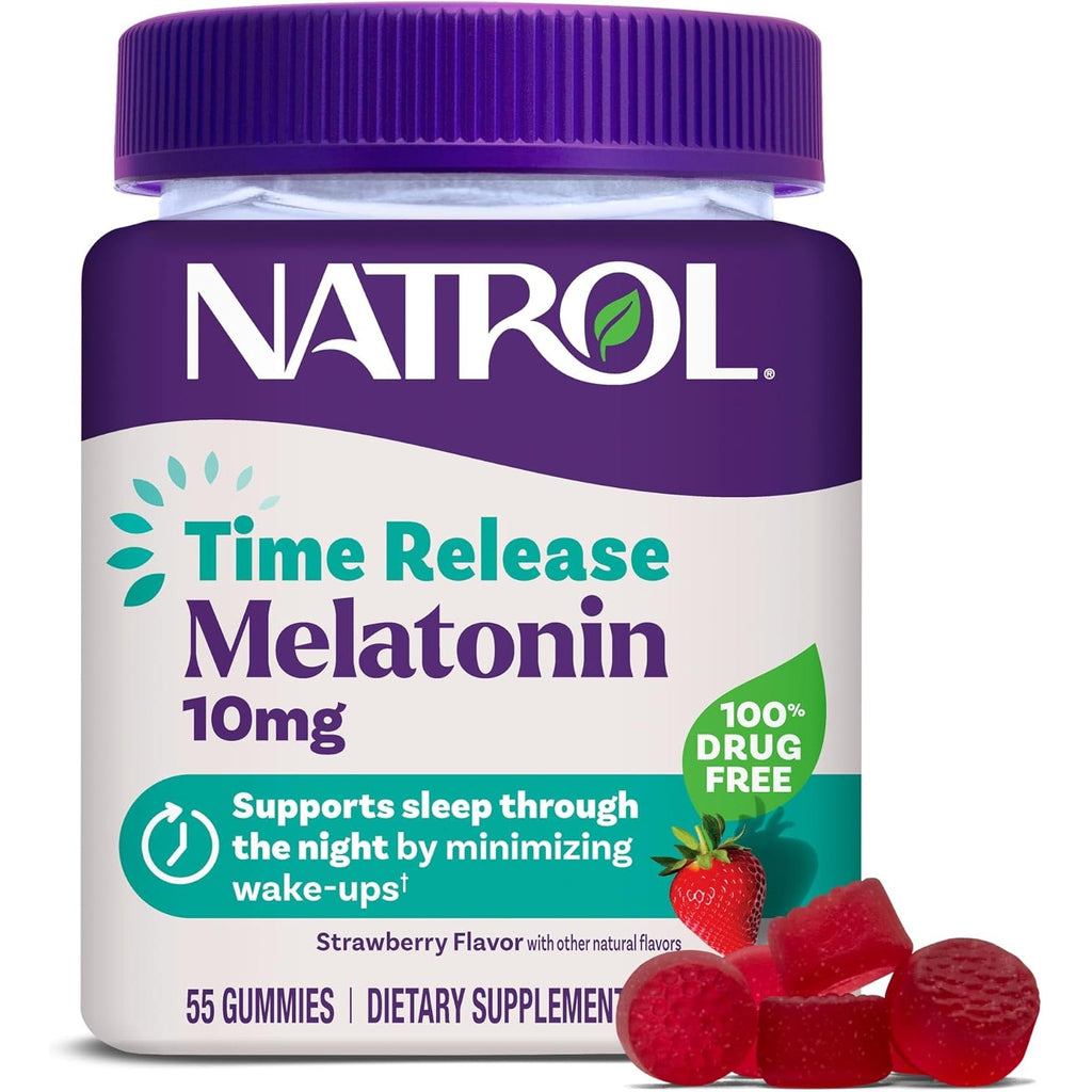 Natrol 10 Mg Melatonin Gummies, Time Release Sleep Gummies for Adults, Minimize Wake Ups, Strawberry-Flavored, 55 Count, 55 Day Supply