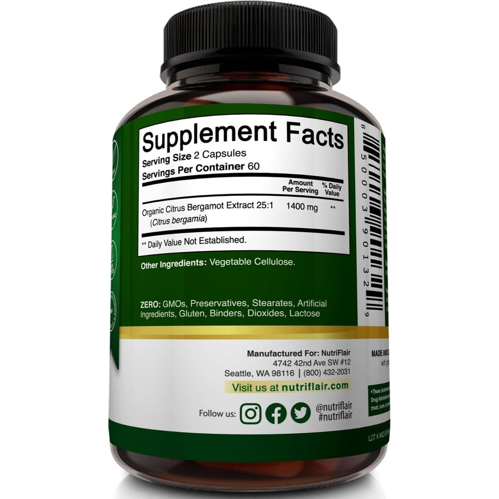 Nutriflair Organic Citrus Bergamot 1400Mg, 120 Capsules - 25:1 Bergamia - Essential Oil and Citrus Bioflavonoids - Natural Heart Health Supplements for Women and Men - Non-Gmo Pills