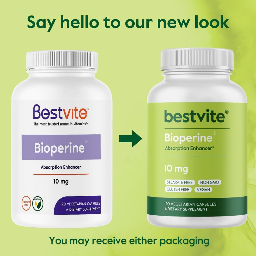 BESTVITE Bioperine 10Mg (240 Vegetarian Capsules) (120 X 2) - No Stearates - Vegan - Non GMO - Gluten Free - Absorption Enhancer