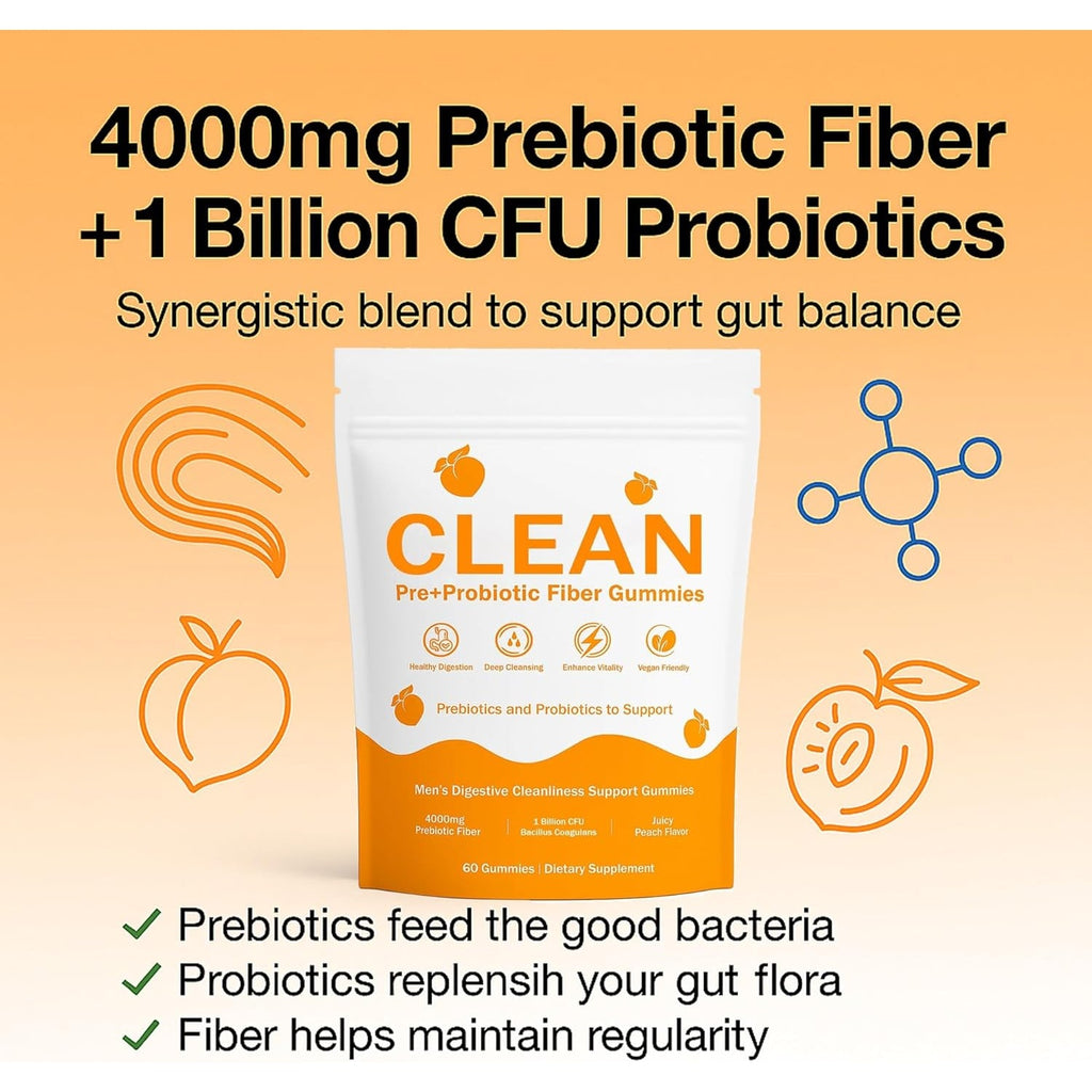 Clean Prebiotic Fiber Gummies for Men - Peach Flavor, Pre+Probiotic Fiber Gummies, Gut Balance, Digestive Support & Daily Clean Confidence, Cleaning Support Gummy 60Gummies