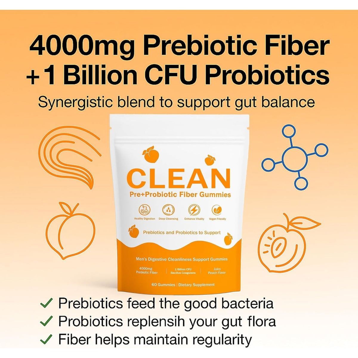 Clean Prebiotic Fiber Gummies for Men - Peach Flavor, Pre+Probiotic Fiber Gummies, Gut Balance, Digestive Support & Daily Clean Confidence, Cleaning Support Gummy 60Gummies