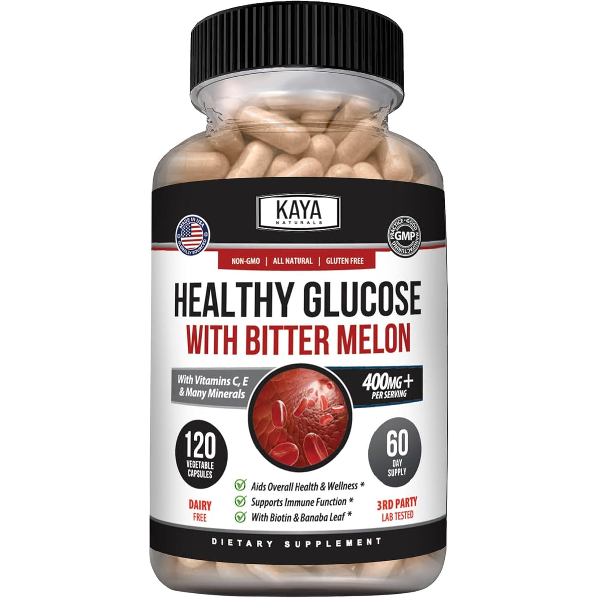 Kaya Naturals Healthy Gluco with Bittermelon Supplement | Support Healthy Levels and Function, 20 Herbs Vitamins and Minerals, Alpha Lipoic Acide, Cinnamon, Vitamin C & E, Non-Gmo (120 Count)