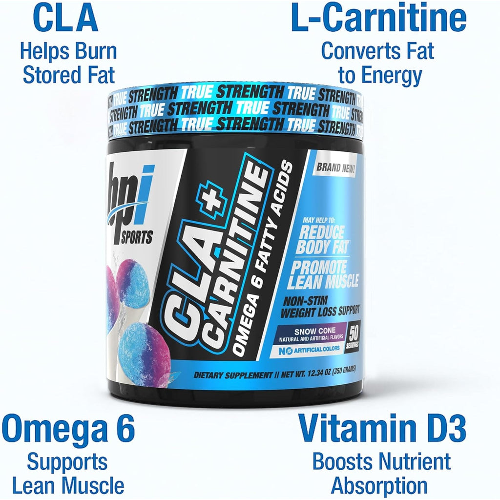 BPI Sports CLA + Carnitine – Conjugated Linoleic Acid – Weight Loss Formula – Metabolism, Performance, Lean Muscle – Caffeine Free – for Men & Women – Snow Cone – 50 Servings – 12.34 Oz.