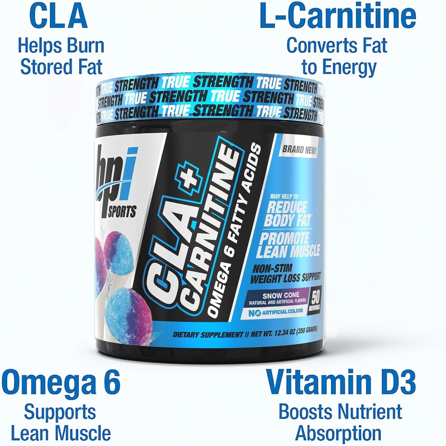 BPI Sports CLA + Carnitine – Conjugated Linoleic Acid – Weight Loss Formula – Metabolism, Performance, Lean Muscle – Caffeine Free – for Men & Women – Snow Cone – 50 Servings – 12.34 Oz.
