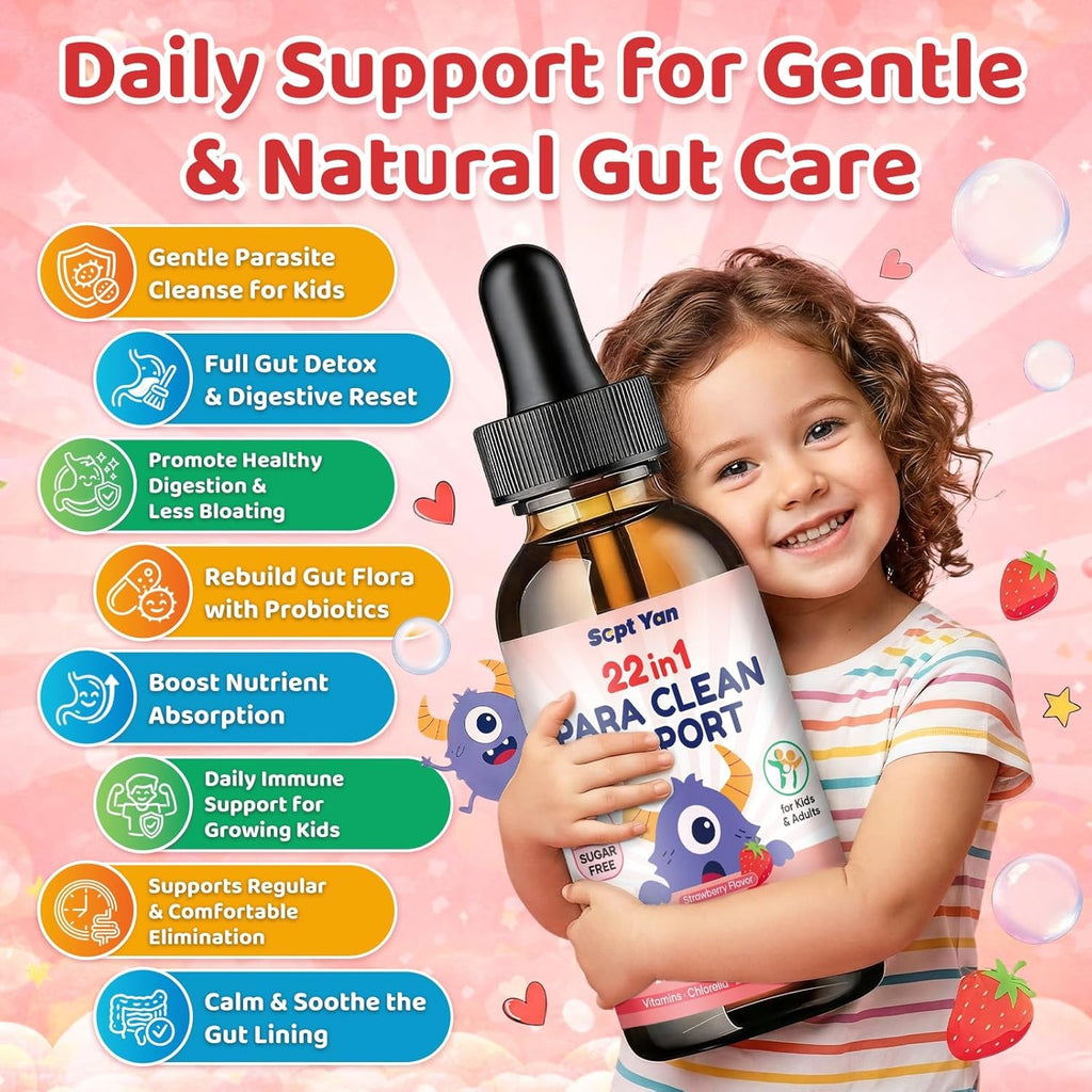 22 in 1 Parasite Cleanse for Humans & Kids, Herbal Gut Cleanse Liquid Drops with Wormwood, Black Walnut, Clove, Chlorella, Oregano, Digestive Health Support - Strawberry Flavor, 2 Fl Oz