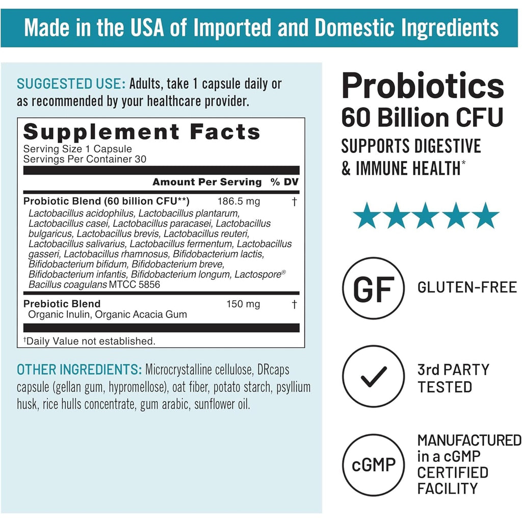 Naturewise Probiotics 60 Billion CFU - 17 Strains + Organic Prebiotics - Immune, Digestive & Gut Health Support for Women & Men - Vegetarian, Gluten-Free, Non-Gmo - 30 Capsules[1-Month Supply]
