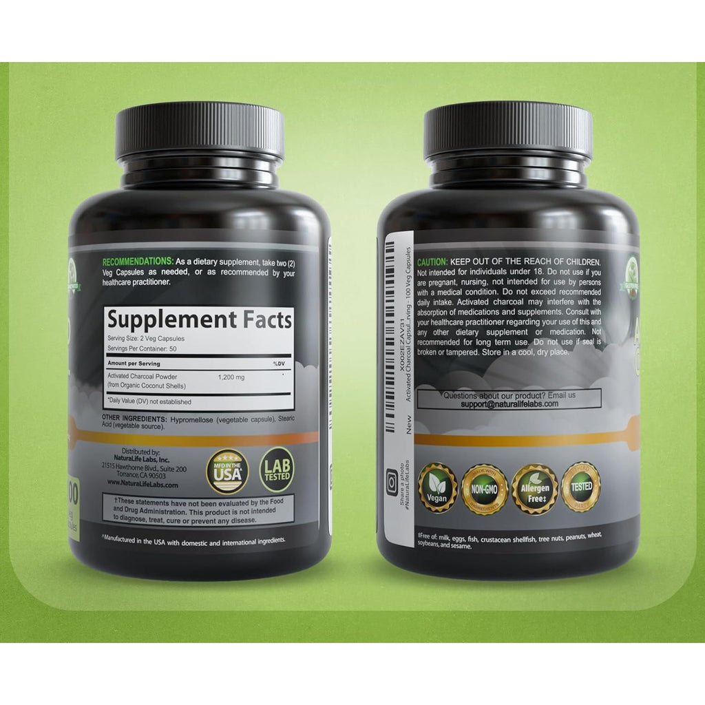 Naturalife Labs Activated Charcoal 1200 Mg per Serving – from Coconut Shells – 100 Veg Capsules – Non-Gmo, Gluten-Free, Vegan
