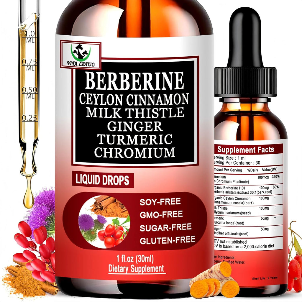 Berberine Drops, High Absorption 6-In-1 Liquid Berberine Supplement with Ceylon Cinnamon Milk Thistle Turmeric, Premium Berberine Hcl for Immune Function Metabolic & Digestive Support, 30 Servings