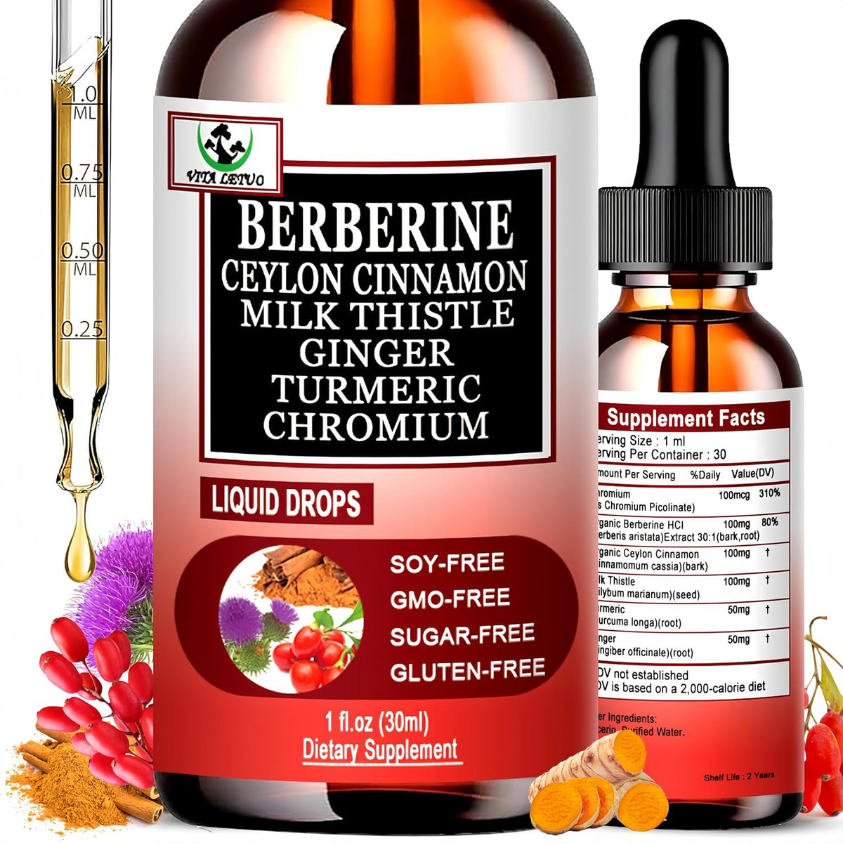 Berberine Drops, High Absorption 6-In-1 Liquid Berberine Supplement with Ceylon Cinnamon Milk Thistle Turmeric, Premium Berberine Hcl for Immune Function Metabolic & Digestive Support, 30 Servings