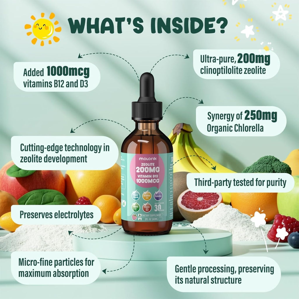 Zeolite Detox for Kids and Adults, 200Mg Zeolite Liquid Drops with 1000Mcg Vitamin B12, Organic Chlorella, 10 Billion CFU & Prebiotics for Gut Support & Speech, Immune, Bone, Energy*, Strawberry, 60ML