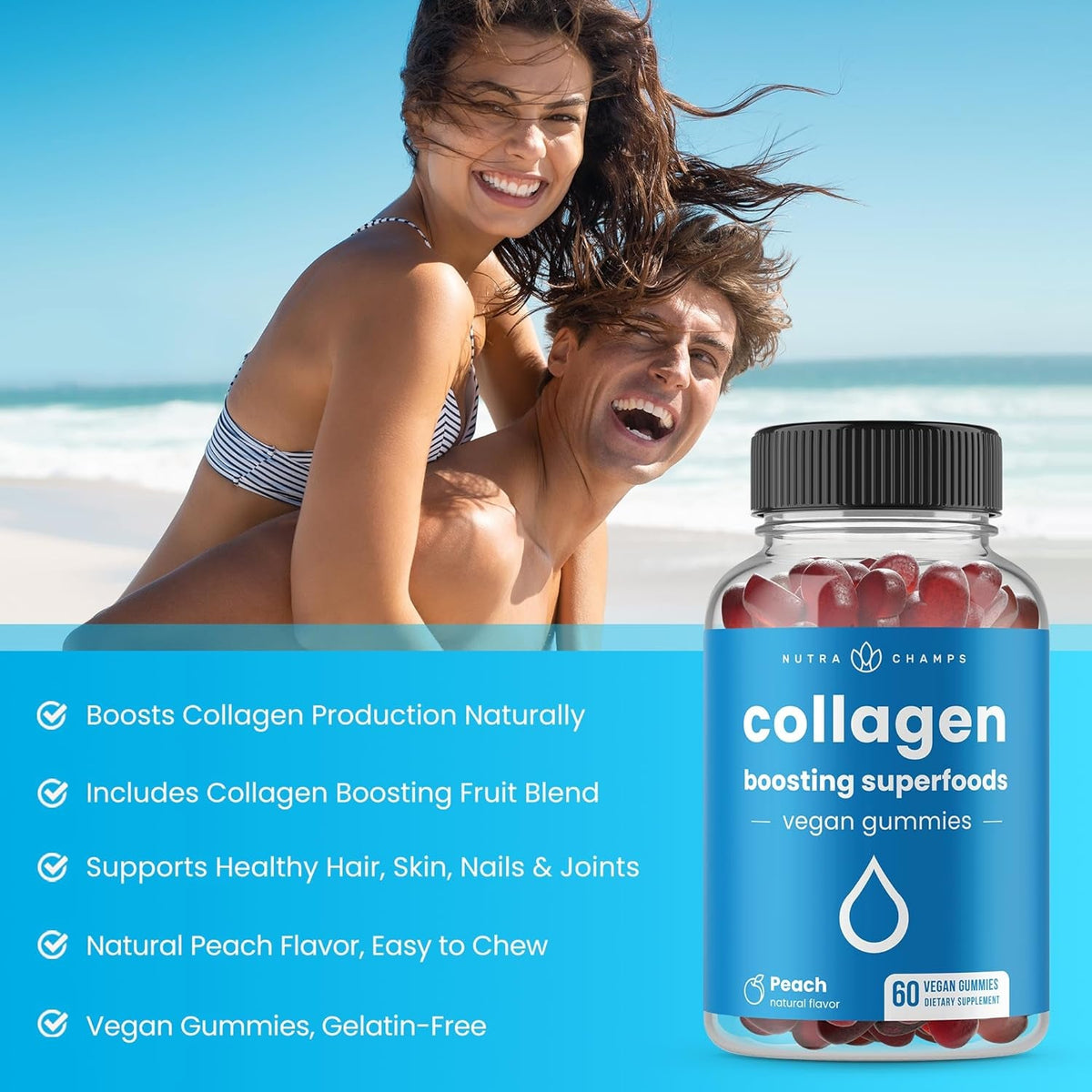 Nutrachamps Collagen Boosting Gummies, Collagen Booster Gummy for Natural Collagen Production, Vegan Pectin Supplements Chews for Women & Men, 60 Peach Vitamins Gummies