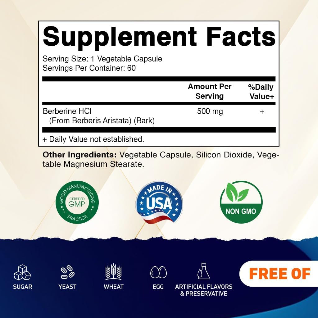 Vitamatic Berberine Supplement 500Mg - 60 Vegetable Capsules - Made in the USA - Gluten Free - Non-Gmo (1 Bottle)