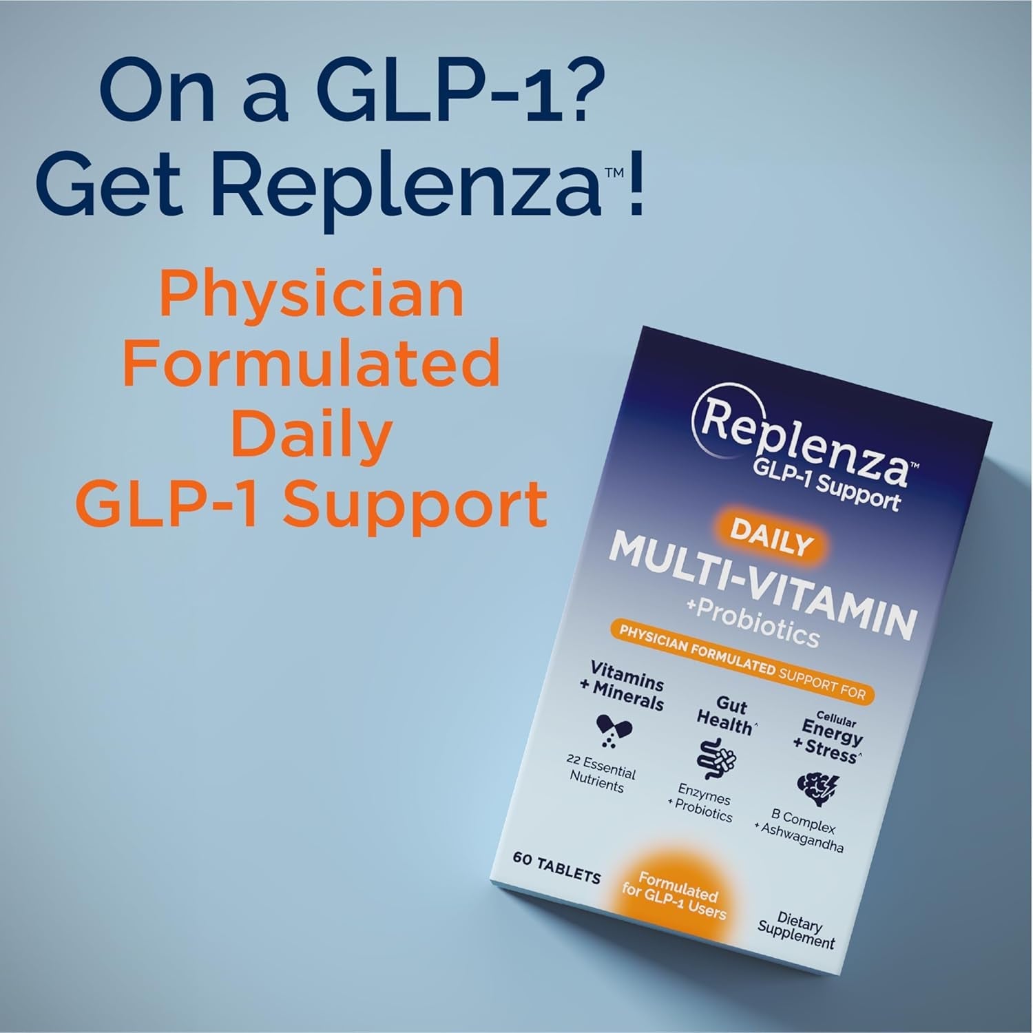 Replenza Daily GLP-1 Nutritional Support Supplement, Essential Vitamins and Minerals, Support for Gut Health, Stress and Cellular Energy – 60 Tablets