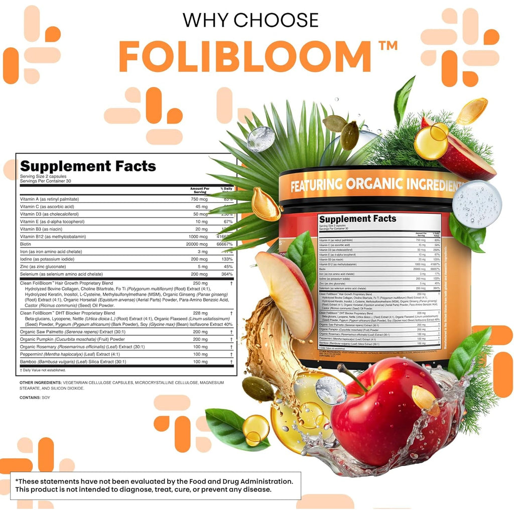 Clean Nutra Pumpkin Seed Oil Capsules + Saw Palmetto Biotin Collagen Keratin MSM Folate Hyaluronic Acid Supplements B12 Zinc Hair Supplement for Women Men Iodine 5-MTHF B-12 Vitamin B9-60 Pills
