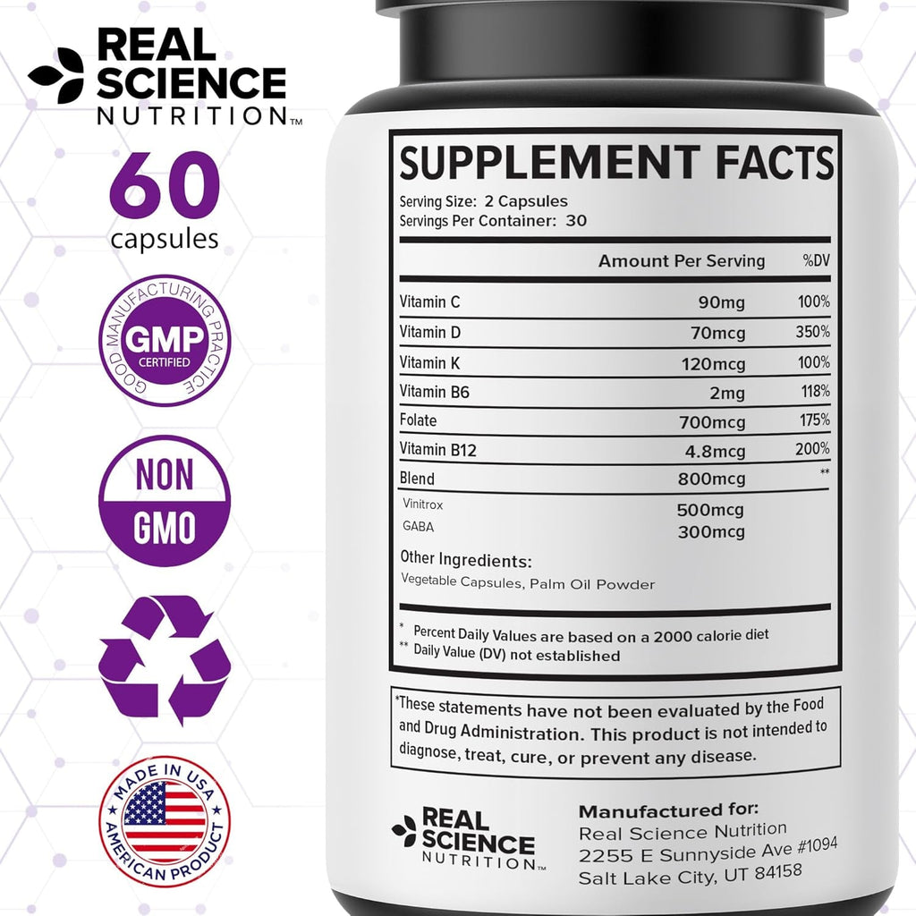 Real Science Carpal Miracle – All Natural Carpal Tunnel Relief & Wrist Support Supplement with Vitamins B6, B12, C, D, K + GABA – Hand & Nerve Comfort – Made in USA, 60 Caps