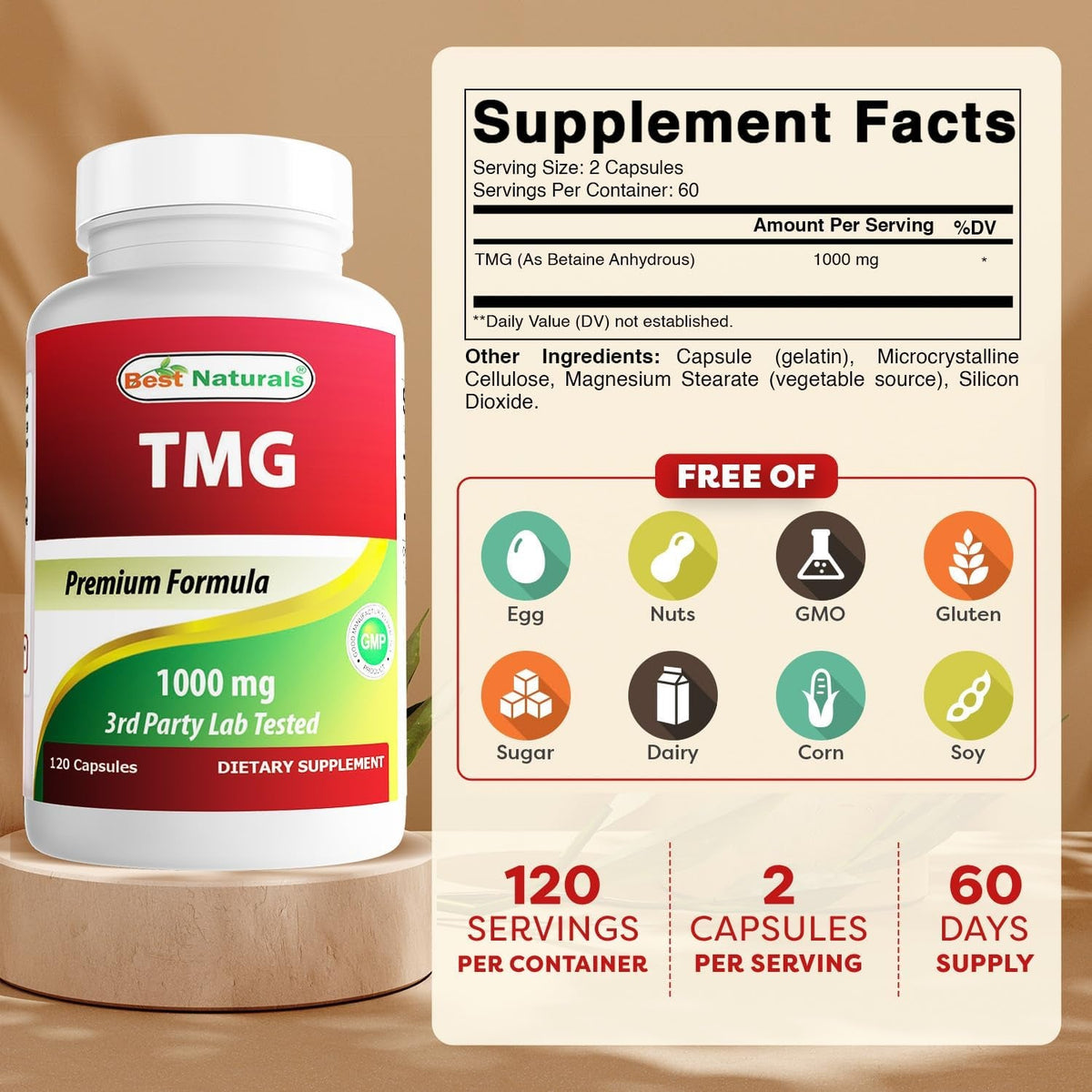 Best Naturals TMG Trimethylglycine (As Betaine Anhydrous) 1000 Mg Serving - 120 Capsules - Healthy Homocysteine Levels & Methylation Support (120 Count (Pack of 1))