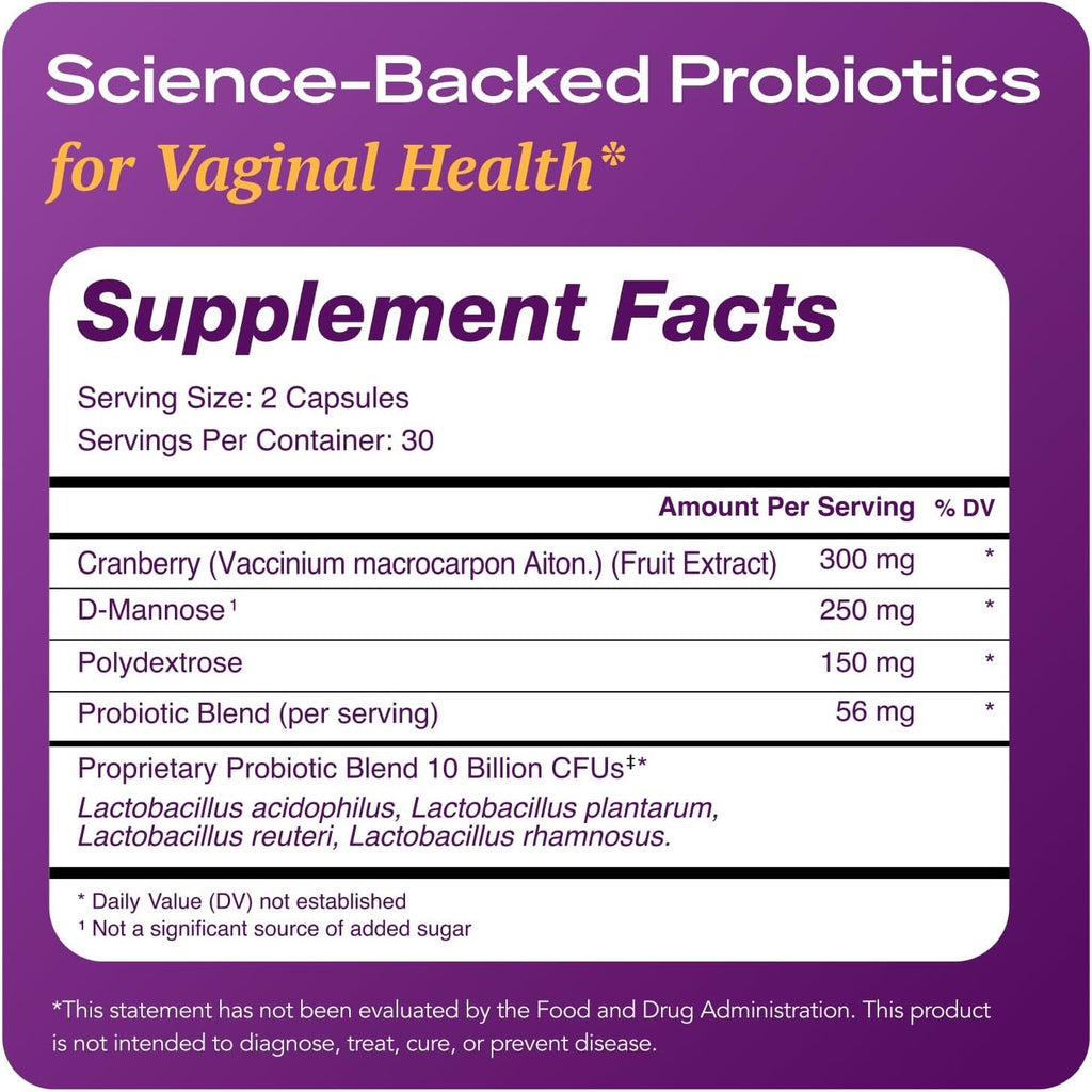 Complete Vaginal Probiotics for Women - W/Added Cranberry, D-Mannose to Promote Urinary Tract, Bladder, Gut & Vaginal Health - Ph Balance for Women - Support UTI, BV, YI - 60 Vegan Capsules
