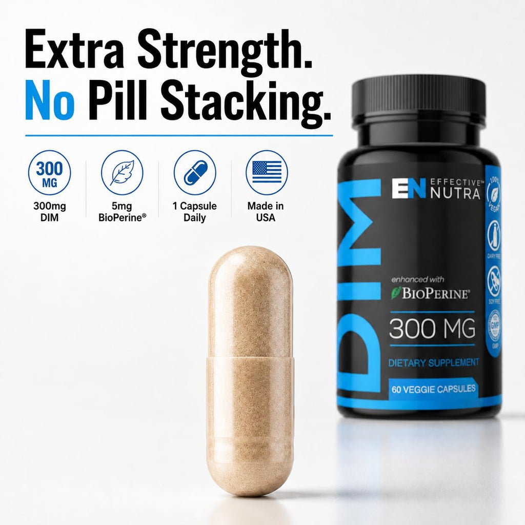 Effective Nutra DIM Supplement 300Mg + Bioperine, Extra Strength Estrogen Blocker for Men & Hormone Balance for Women - Diindolylmethane, Hormonal Acne, Menopause Support - 60 Veggie Capsules