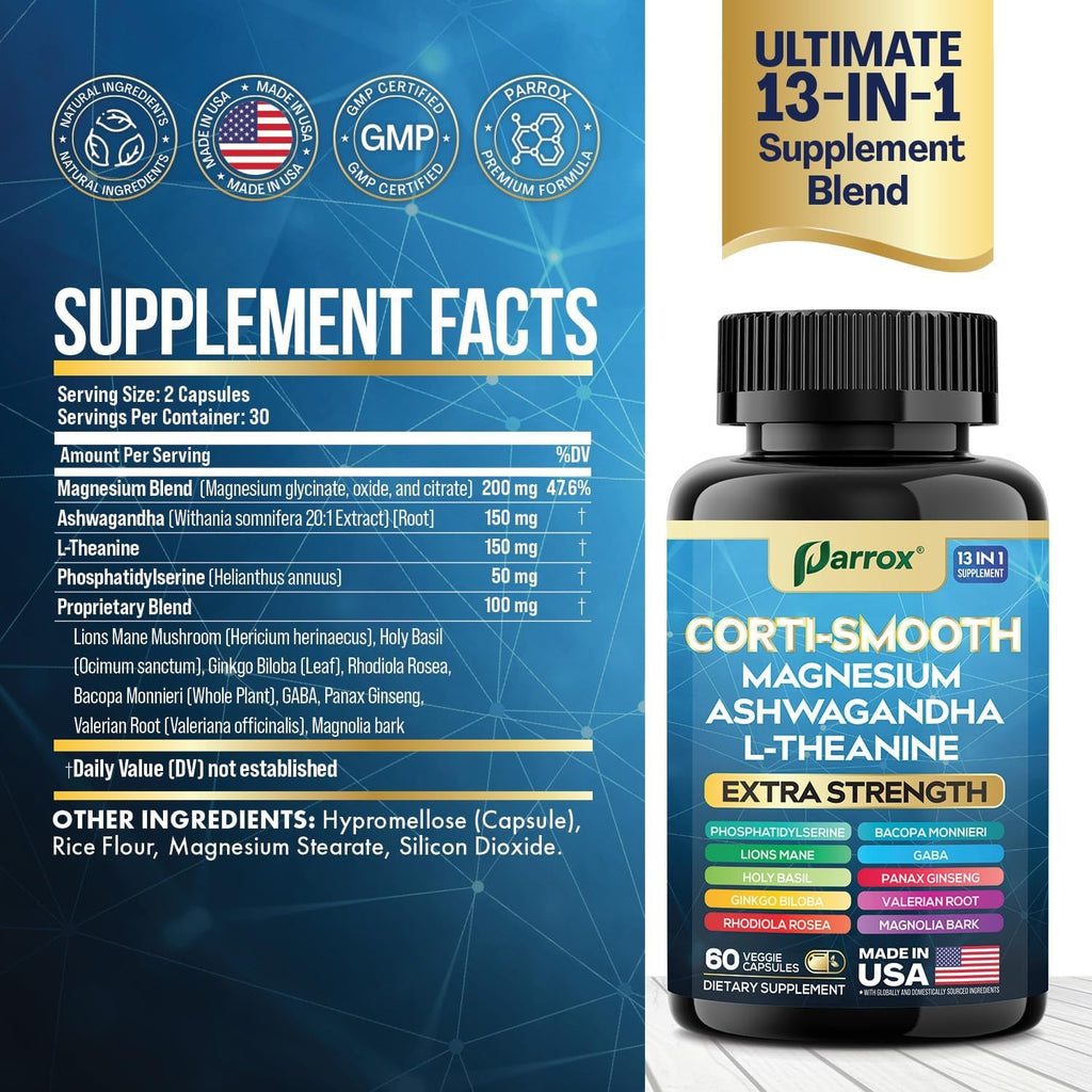 Corti-Smooth Cortisol Supplement Magnesium, L-Theanine, Ashwagandha, Phosphatidylserine, Valerian Root, Lions Mane, Bacopa Monnieri, Ginkgo Biloba, Panax Ginseng, Magnolia Bark, GABA (60 Caps)