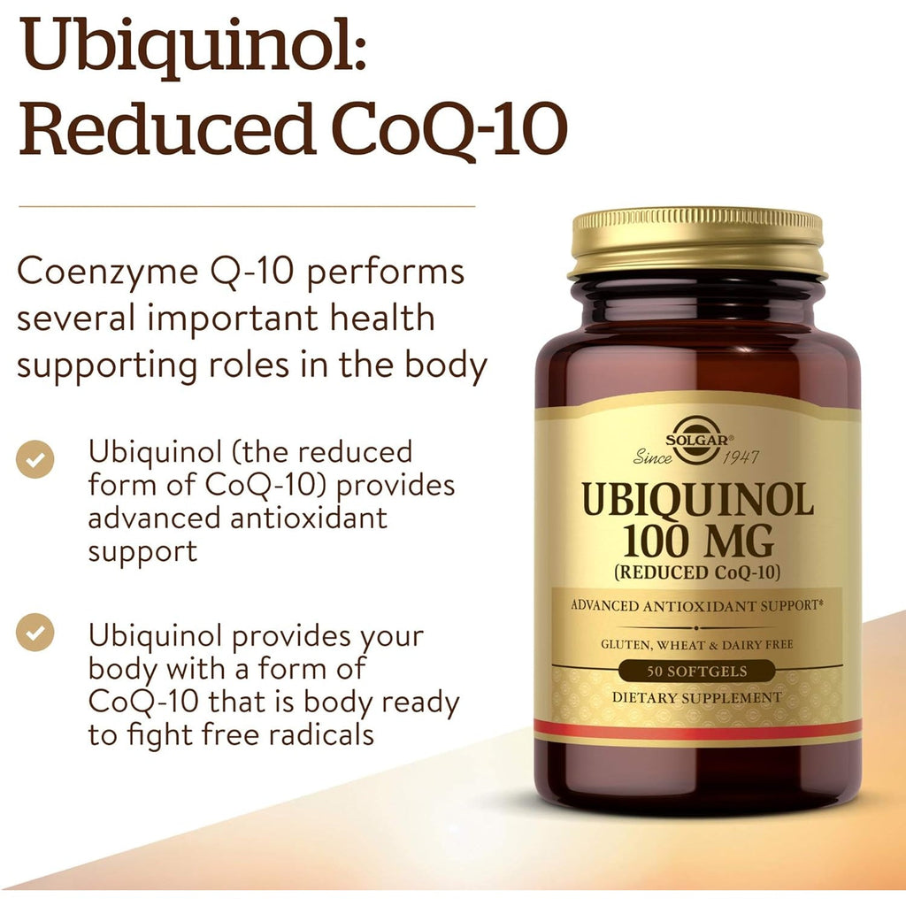 Solgar Ubiquinol 100 Mg, 50 Softgels - Advanced Antioxidant Support - Reduced Coenzyme Q10 (Coq-10) - Gluten Free, Dairy Free - 50 Servings