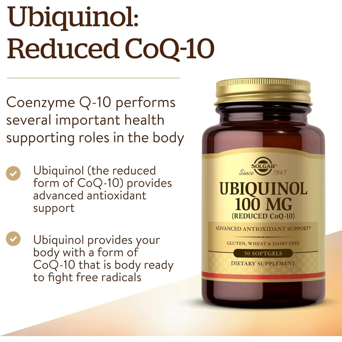 Solgar Ubiquinol 100 Mg, 50 Softgels - Advanced Antioxidant Support - Reduced Coenzyme Q10 (Coq-10) - Gluten Free, Dairy Free - 50 Servings