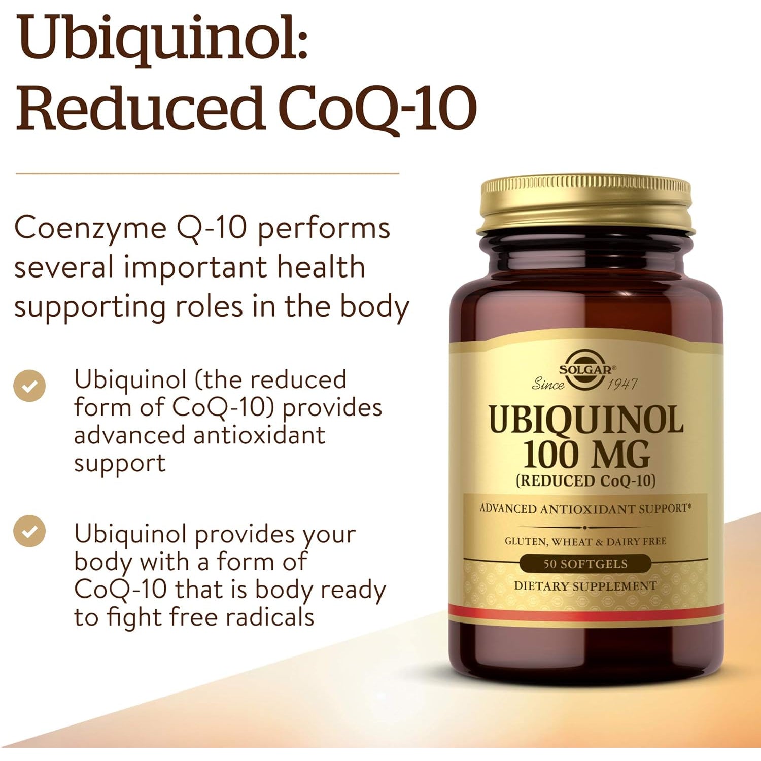 Solgar Ubiquinol 100 Mg, 50 Softgels - Advanced Antioxidant Support - Reduced Coenzyme Q10 (Coq-10) - Gluten Free, Dairy Free - 50 Servings