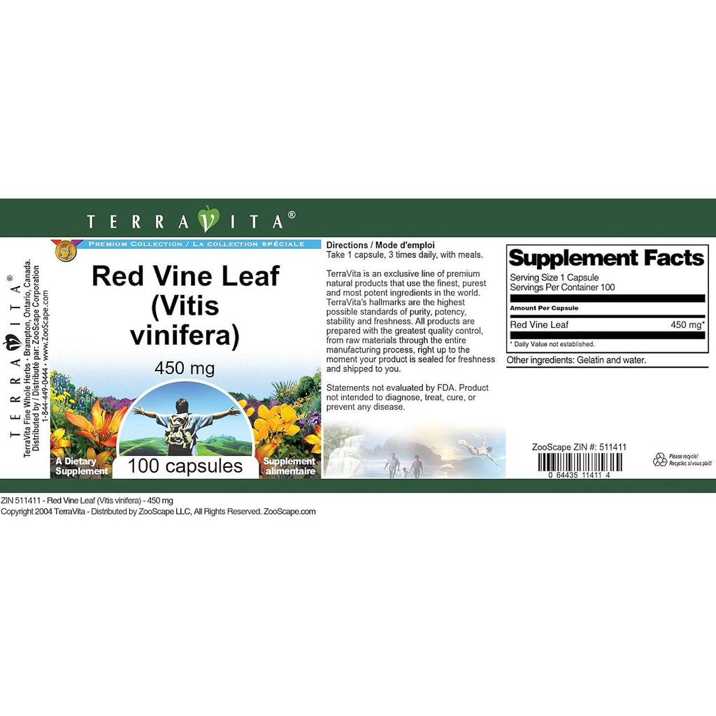 Terravita Red Vine Leaf (Vitis Vinifera) - 450 Mg (100 Capsules, ZIN: 511411)