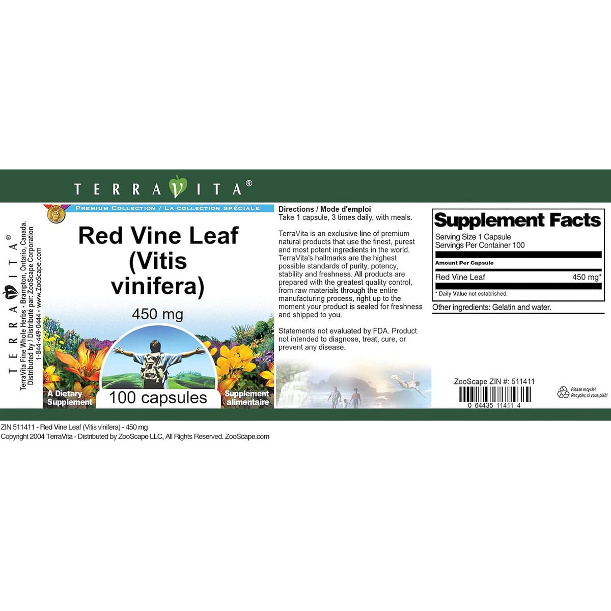 Terravita Red Vine Leaf (Vitis Vinifera) - 450 Mg (100 Capsules, ZIN: 511411)