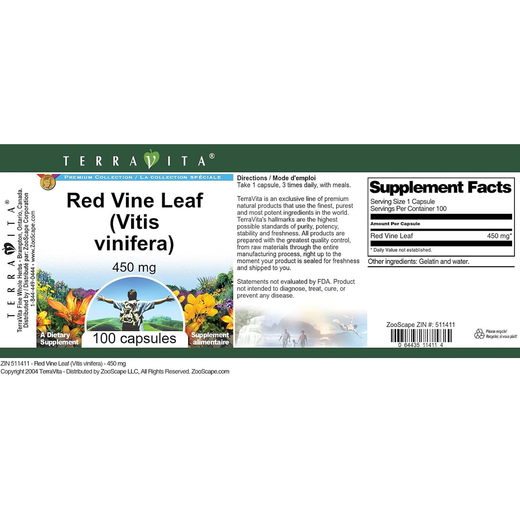 Terravita Red Vine Leaf (Vitis Vinifera) - 450 Mg (100 Capsules, ZIN: 511411)