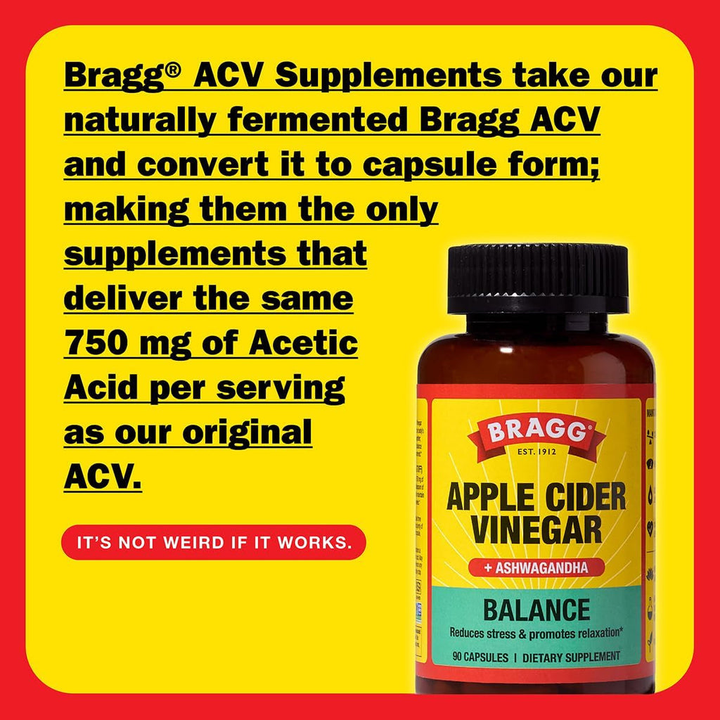 Bragg Daily Balance Apple Cider Vinegar and Sensoril Ashwagandha Capsules - 750Mg of Acetic Acid – Energy & Weight Management Support - (90 Pills)