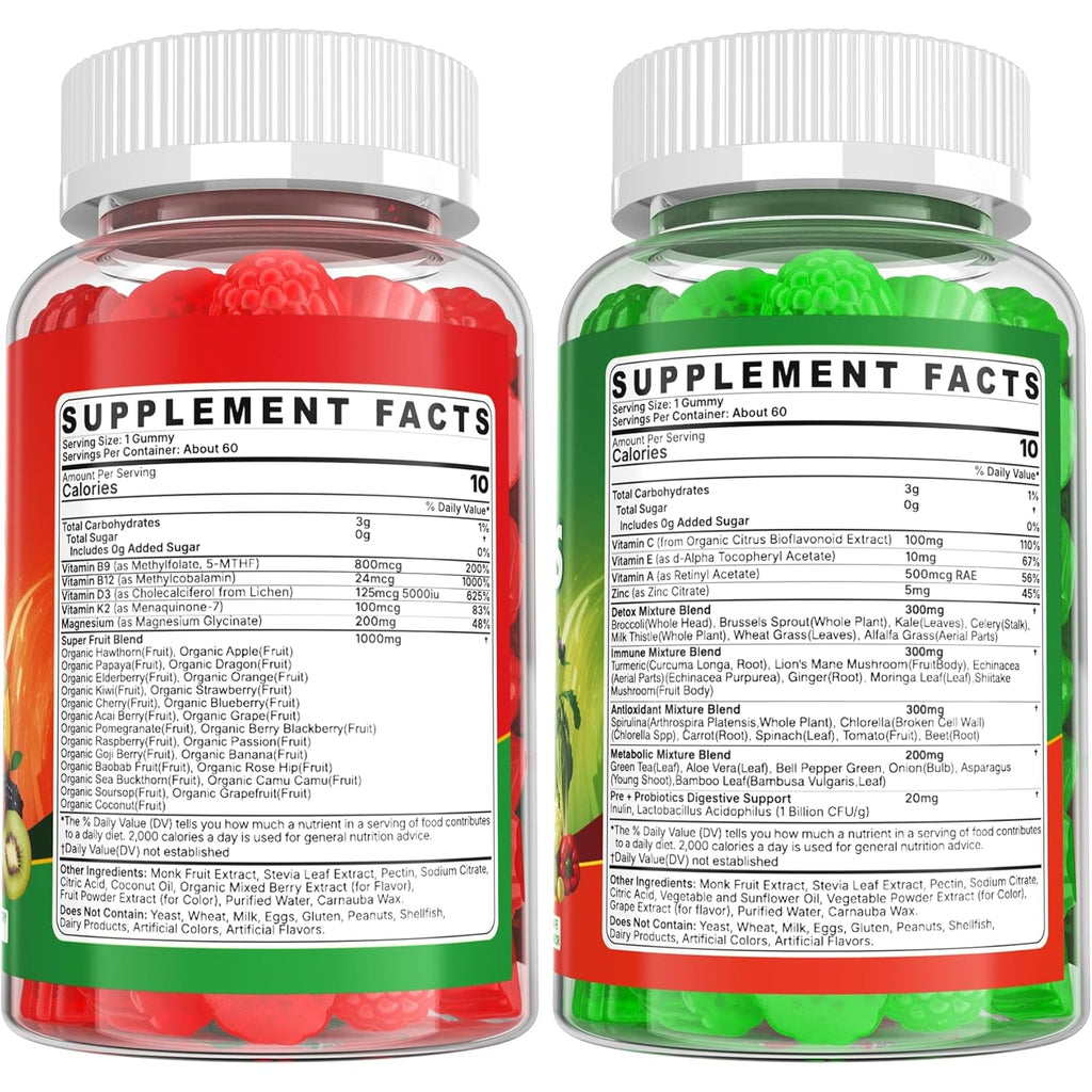 Super Greens Gummies, Daily Green Superfood Supplement W/Spirulina, Chlorella, Mushrooms, Probiotics, Multivitamins, 50+ Super Greens & Veggies Gummies to Boost Immunity, Energy & Gut Health, 120Cts