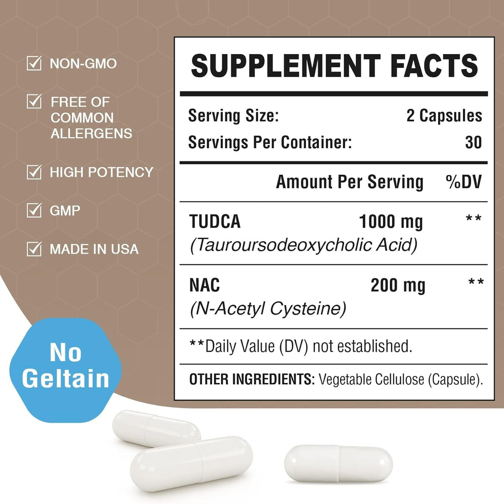 TUDCA with NAC Supplement 1200Mg - 120 Capsules,Powerful TUDCA Bile Salt plus N-Acetyl-Cysteine,Antioxidant Supplements for Liver,Digestion, 2 Counts