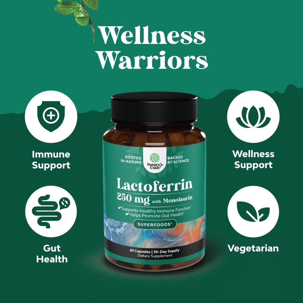 High Strength 250Mg Lactoferrin & 1000Mg Monolaurin Supplement - Microbiome Digestive Health Immune Support Supplement - Lactoferrin and Monolaurin Capsules - Vegetarian - 60 Count (Pack of 1)