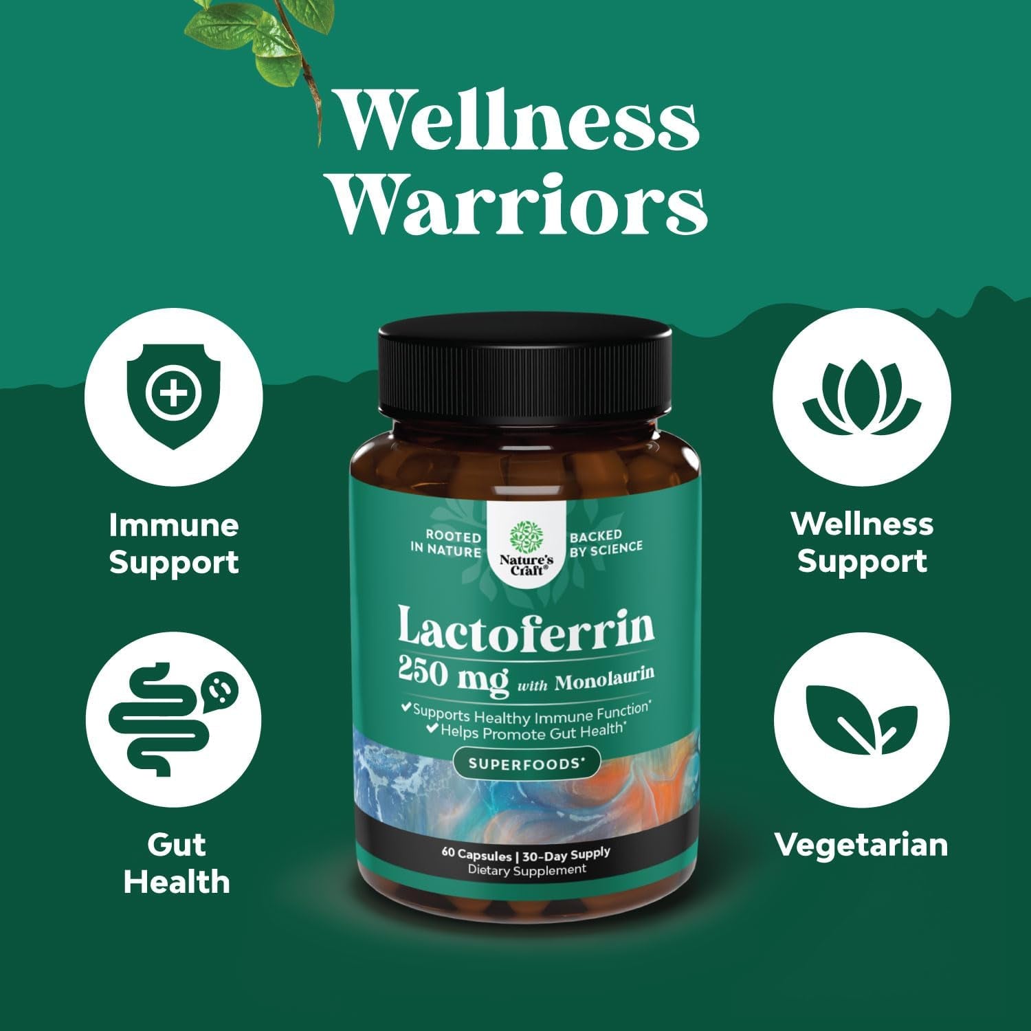 High Strength 250Mg Lactoferrin & 1000Mg Monolaurin Supplement - Microbiome Digestive Health Immune Support Supplement - Lactoferrin and Monolaurin Capsules - Vegetarian - 60 Count (Pack of 1)