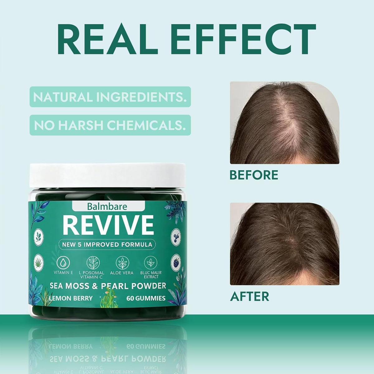 Balmbare Revive Gummies for Hair Loss, with Organic Irish Sea Moss Pearl Powder, Vitamins C & E, Aloe Vera - Supports Healthy Hair, Skin & Nails Growth (1Pcs)