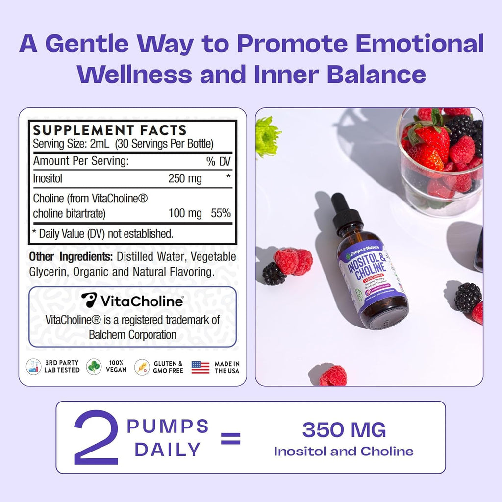 Inositol & Choline Liquid Drops – Vegan, Non-Gmo, Easy-To-Take – Enhanced Absorption Inositol Supplement – Prenatal Vitamins for Women – Supports Cellular Health & Overall Wellness (Mixed Berry, 60Ml)