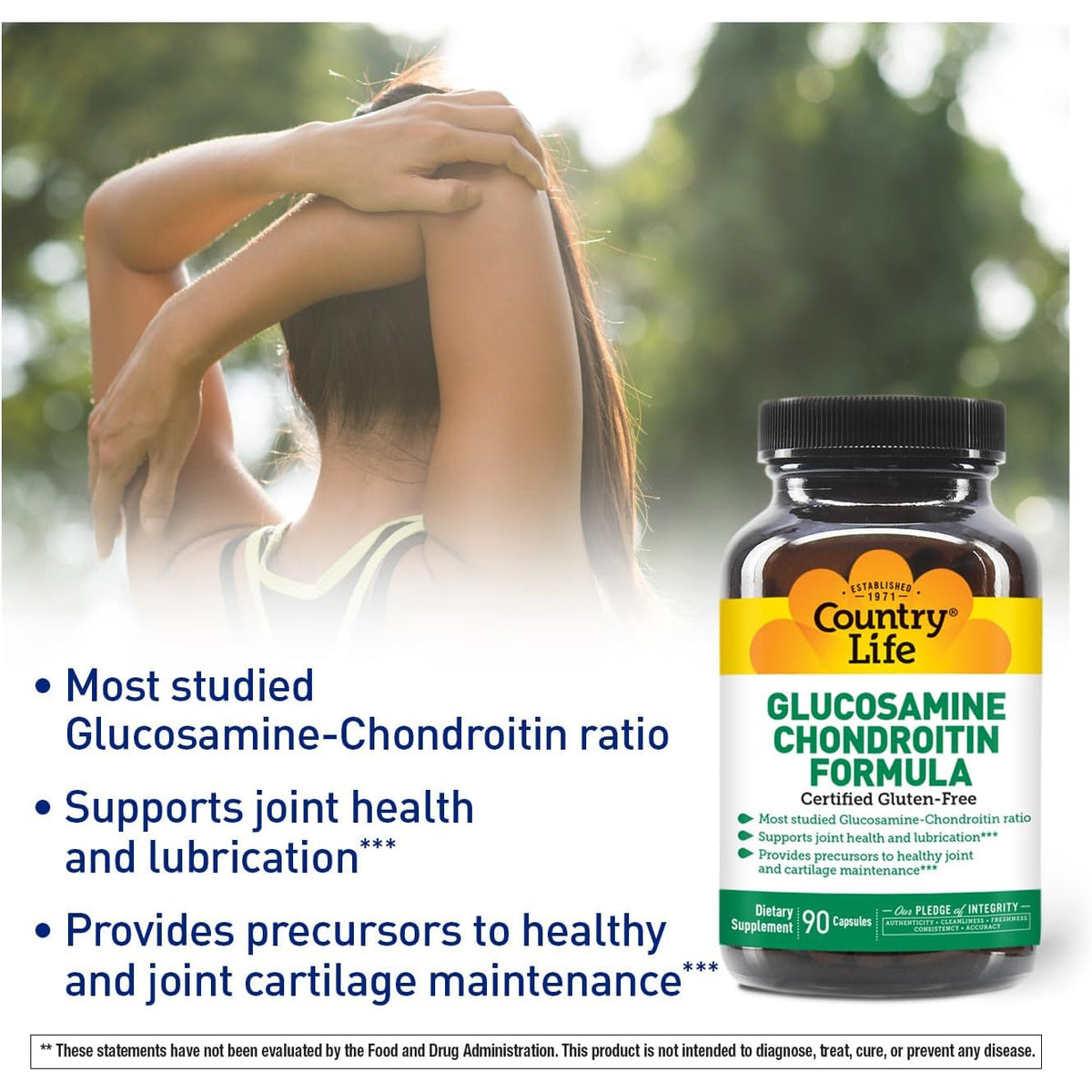 Country Life Glucosamine Chondroitin 1500Mg/1200Mg - Supports Joint Health & Lubrication - Maintains Healthy Cartilage, Tendon, Joint Tissue - Gluten Free, Non-Gmo - 90 Capsules - for Adults